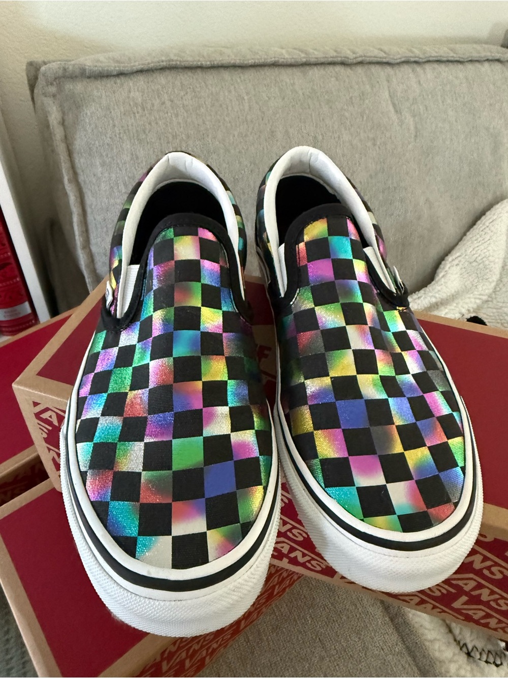 Vans Women's Size 8 Slip-On Checkerboard Iridescent Sneakers - Black Multicolor